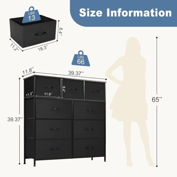 Dresser for Bedroom with 9 Drawers,Fabric Closet Organizer, Cloth Dresser with Metal Frame and Wood Tabletop Chest Storage Tower - Image 3