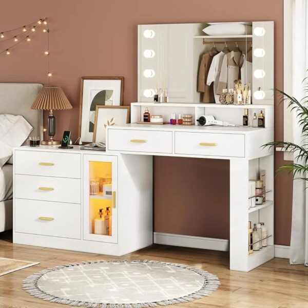 Dresser with Mirror and Lights and Charging Station Furniture Dressing Table Multifunctional Dressers