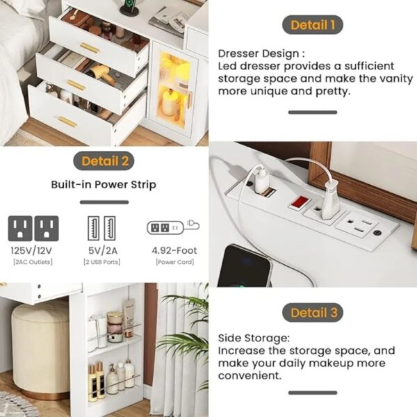 Dresser with Mirror and Lights and Charging Station Furniture Dressing Table Multifunctional Dressers - Image 4