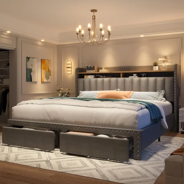 EH queen bed frame with headboard and storage space cushion, queen size bed frame with 2 drawers, noiseless box springs - Image 2