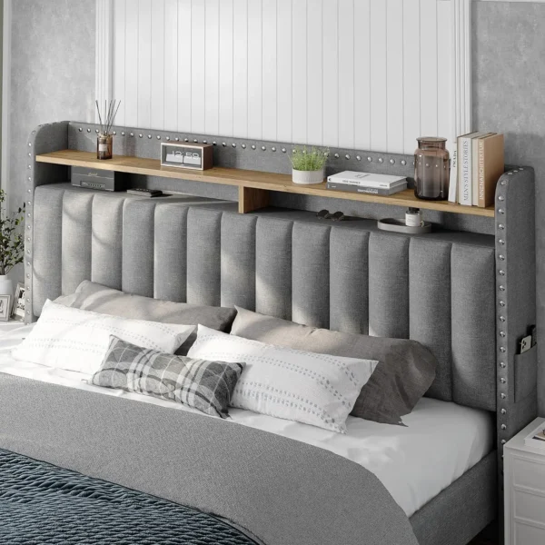 EH queen bed frame with headboard and storage space cushion, queen size bed frame with 2 drawers, noiseless box springs - Image 4