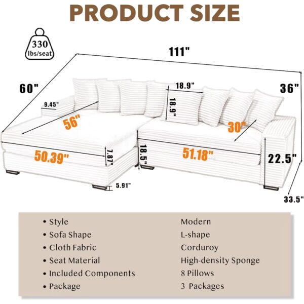 111'' Sectional Sofa, L-Shaped Corduroy Couch with Left Chaise Daybed, Extra-Wide Oversized Lounge, 8 Pillows, Corner Sofa Set - Image 3