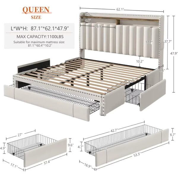 Frame with 3 Drawers,Bed Frame Queen Size with Upholstered Headboard and Storage,2-Tier Shelves,1100LBS - Image 2