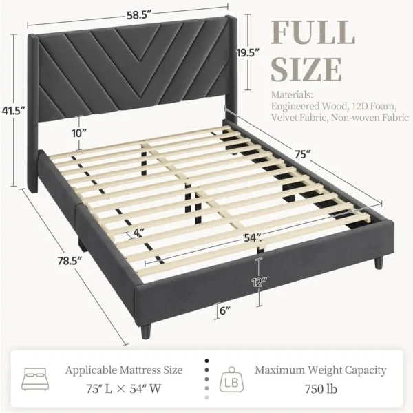 Full Bed Frame Upholstered Platform Bed with Wing Side Tufted Headboard/Sturdy Wooden Slat Support/No Box Spring Needed/Mattress - Image 4