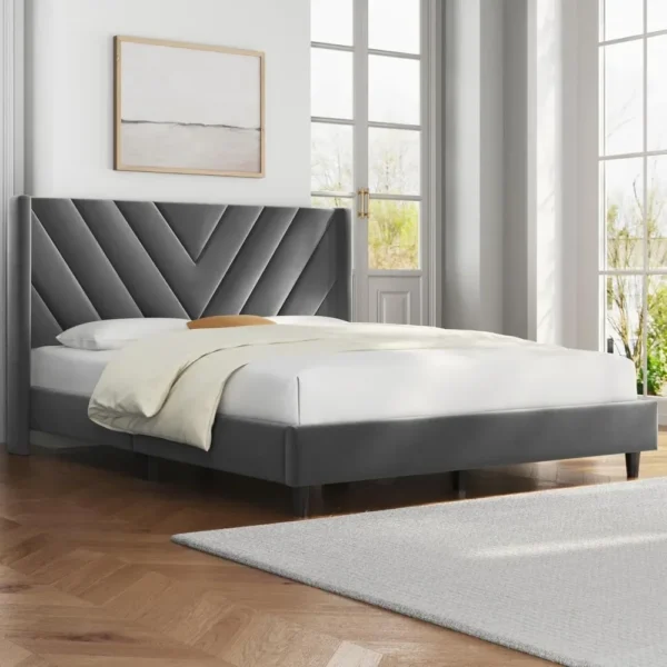 Full Bed Frame Upholstered Platform Bed with Wing Side Tufted Headboard/Sturdy Wooden Slat Support/No Box Spring Needed/Mattress - Image 3