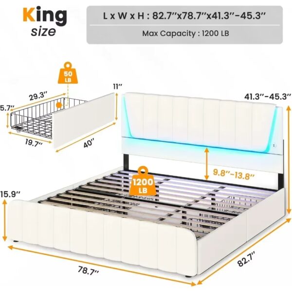 Full Size Bed Frame with Headboard and 4 Storage Drawers, Full Bed Frame with Led Lights & 2 USB Ports, Bed Frame - Image 2