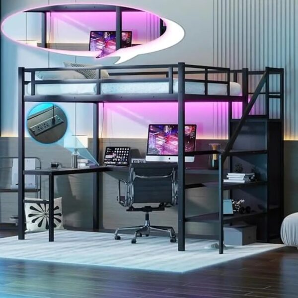 Full Size Gaming Loft Bed L-Shaped Desk Wardrobe Adjustable Shelf LED Charging Station Meta Loft Bed Kids Cozy Gaming Learning