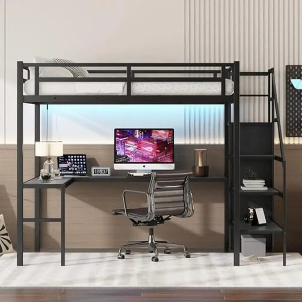 Full Size Gaming Loft Bed L-Shaped Desk Wardrobe Adjustable Shelf LED Charging Station Meta Loft Bed Kids Cozy Gaming Learning - Image 2