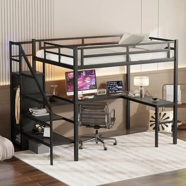 Full Size Gaming Loft Bed L-Shaped Desk Wardrobe Adjustable Shelf LED Charging Station Meta Loft Bed Kids Cozy Gaming Learning - Image 4