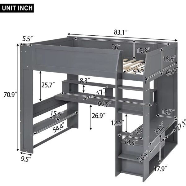 Full Size Gaming Loft Bed with Desk, LED and Charging Station, Wood Loft Bed with Multi-Storage Shelves and Drawers - Image 2