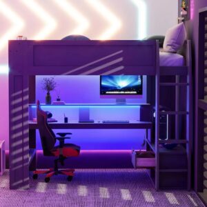 Full Size Gaming Loft Bed with Desk, LED and Charging Station, Wood Loft Bed with Multi-Storage Shelves and Drawers