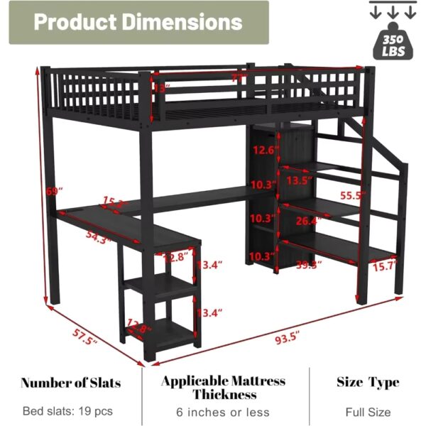 Full Size Loft Bed with Stairs and Desk, Metal Loft Bed with LED Light, Bed Frame with Storage Shelves and Charging Station - Image 2