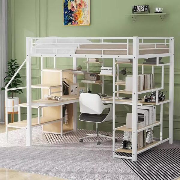 Full Size Loft Bed with Stairs and Desk, Metal Loft Bed with LED Light, Bed Frame with Storage Shelves and Charging Station - Image 3