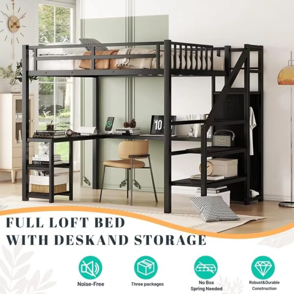 Full Size Loft Bed with Stairs and Desk, Metal Loft Bed with LED Light, Bed Frame with Storage Shelves and Charging Station - Image 4