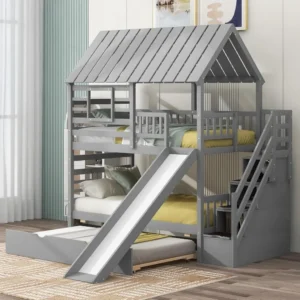 Kids Twin Over Twin Bunk Beds with Slide and Trundle, Bed Frame with Stairs and Storage, Playhouse Bunk Bed with Roof and Window