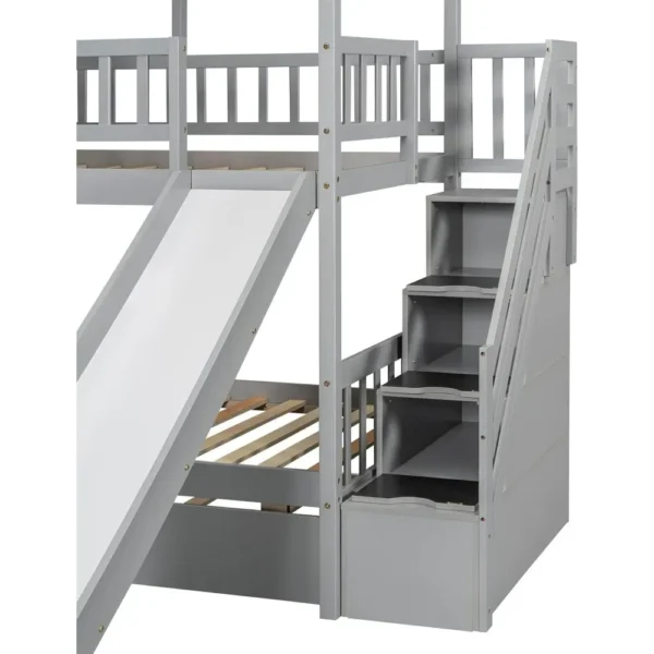 Kids Twin Over Twin Bunk Beds with Slide and Trundle, Bed Frame with Stairs and Storage, Playhouse Bunk Bed with Roof and Window - Image 3