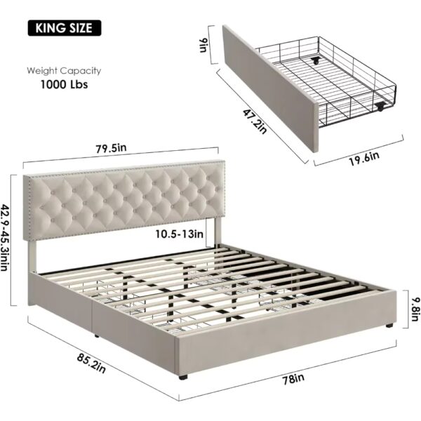 King Size Bed Frame with 4 Storage Drawers, Modern Upholstered Platform Bed with Wood Slat Support,No Box Spring Needed(Beige) - Image 2