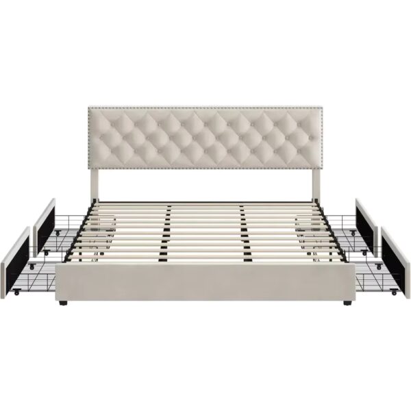 King Size Bed Frame with 4 Storage Drawers, Modern Upholstered Platform Bed with Wood Slat Support,No Box Spring Needed(Beige) - Image 3