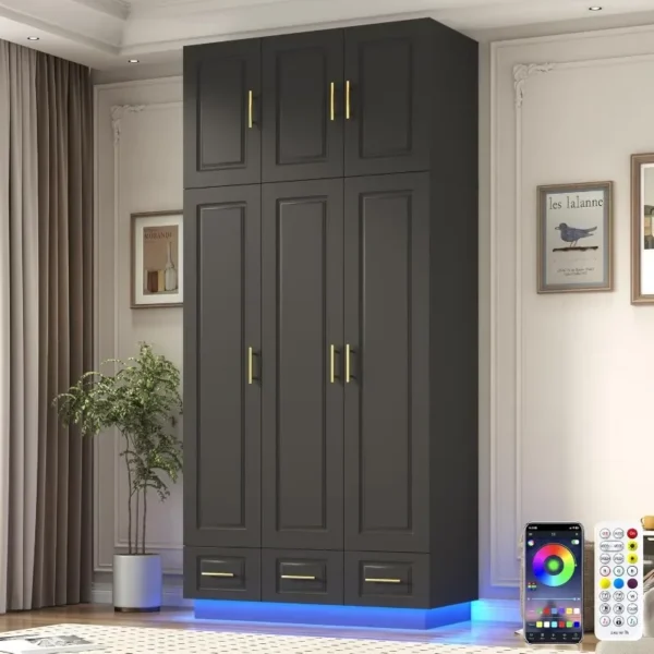 Large Armoire Wardrobe Closet Cabinet with Drawers and LED Lights, Multi-Tier Shelves, Hanging Rod, Large Capacity Storage