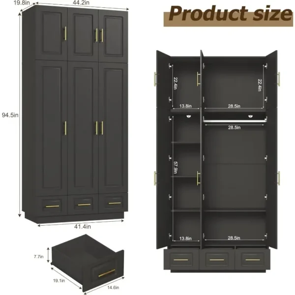 Large Armoire Wardrobe Closet Cabinet with Drawers and LED Lights, Multi-Tier Shelves, Hanging Rod, Large Capacity Storage - Image 2