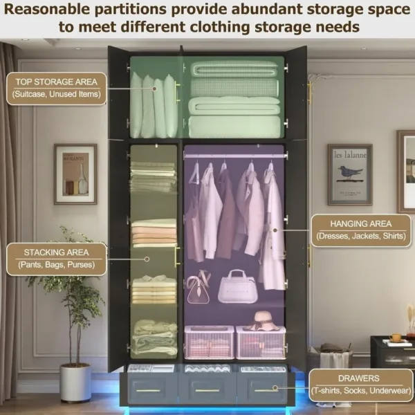 Large Armoire Wardrobe Closet Cabinet with Drawers and LED Lights, Multi-Tier Shelves, Hanging Rod, Large Capacity Storage - Image 3