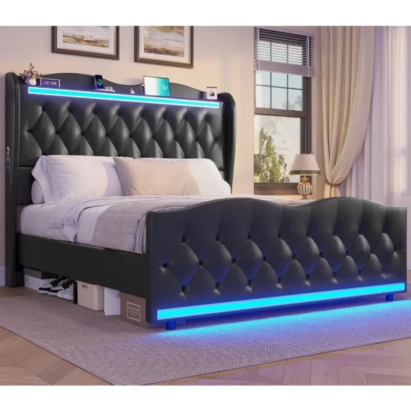 Large Bed Frame with Bed Tail, Charging Station, PU Leather Cushioned Platform, Large Bed with Wing Back Storage Headboard