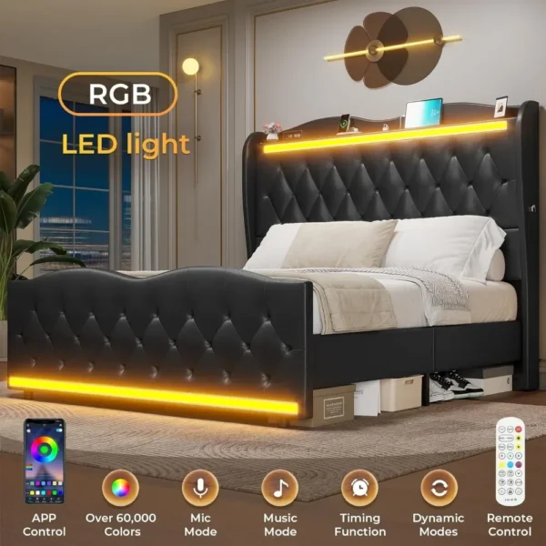 Large Bed Frame with Bed Tail, Charging Station, PU Leather Cushioned Platform, Large Bed with Wing Back Storage Headboard - Image 2