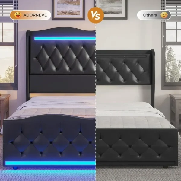 Large Bed Frame with Bed Tail, Charging Station, PU Leather Cushioned Platform, Large Bed with Wing Back Storage Headboard - Image 3