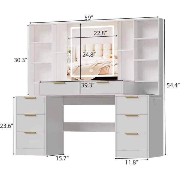 Large Makeup Vanity Desk, 3 Lighting Modes Brightness Adjustable, Drawers, Shelves, Hair Dryer Stand, Vanity Desk Dresser Table - Image 3