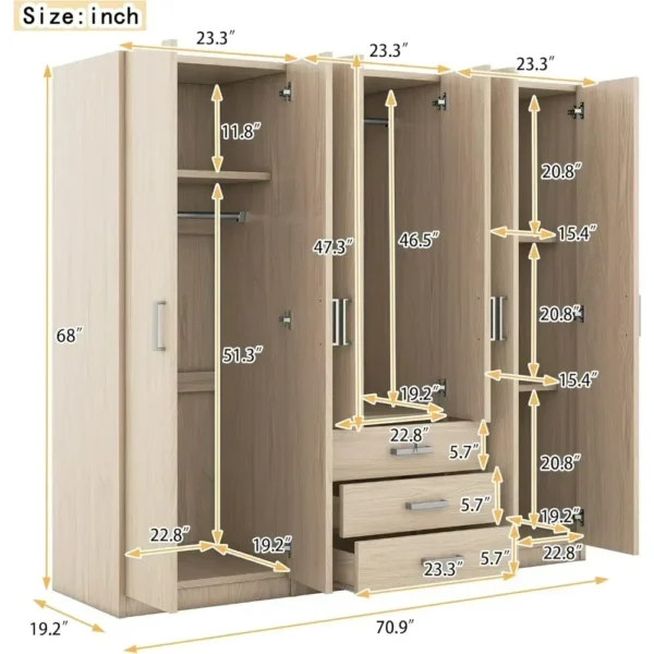 Large Wardrobe Closet 6 Doors, Wooden Wardrobe Cabinet with Big Drawers, Bedroom Armoire Dresser Wardrobe Clothes Organizer - Image 2