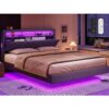 Queen Floating Bed Frame, RGB LED Lights Headboard, USB-C/A Power Combo, Linen Upholstered Platform Bed with Storage Headboar