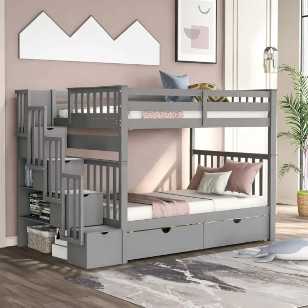 Loft Bed, Full Over Full Bunk Bed with Stairs and 6 Storage Drawers, Wooden Bunk Bed with Storage Drawers, for Kids Teens Adults - Image 2