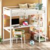 Loft Bed Twin Size with L Shaped Desk and Shelves,Heavy Duty Metal Loft Bed Frame with Power Outlet and LED Lighted,Space-Saving