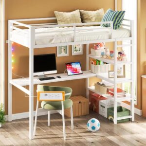 Loft Bed Twin Size with L Shaped Desk and Shelves,Heavy Duty Metal Loft Bed Frame with Power Outlet and LED Lighted,Space-Saving