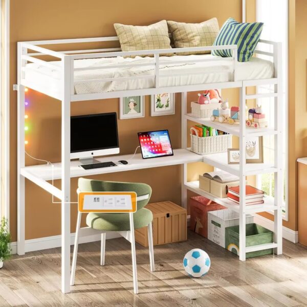 Loft Bed Twin Size with L Shaped Desk and Shelves,Heavy Duty Metal Loft Bed Frame with Power Outlet and LED Lighted,Space-Saving