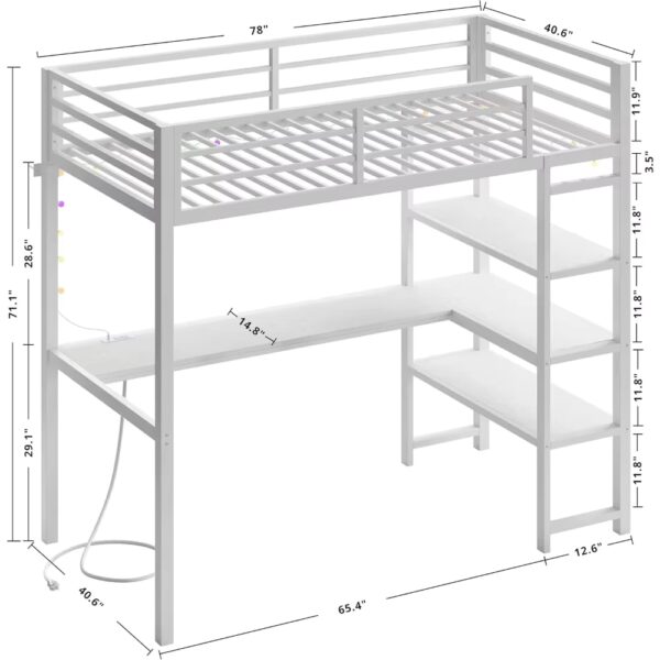 Loft Bed Twin Size with L Shaped Desk and Shelves,Heavy Duty Metal Loft Bed Frame with Power Outlet and LED Lighted,Space-Saving - Image 2