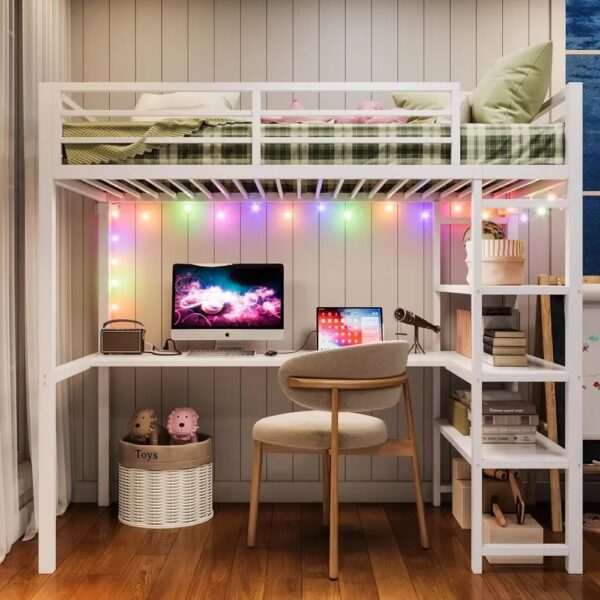 Loft Bed Twin Size with L Shaped Desk and Shelves,Heavy Duty Metal Loft Bed Frame with Power Outlet and LED Lighted,Space-Saving - Image 3