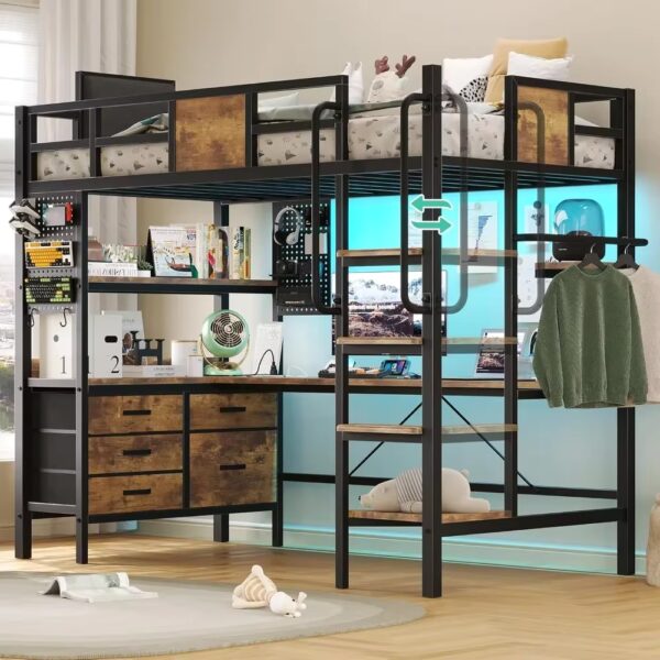 Loft Bed Twin Size with L Shaped Desk and Storage, Metal Bunk Bed with Desk Underneath and LED Lights and Charging Station78"L - Image 4