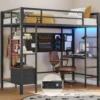 Loft Bed, with Desk and Charging Station Metal Loft Bed with Led Lights, Bed Frame with Clothes Rail, Safety Guard & Ladder, Bed