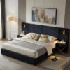 Luxury Bed Frame with Built-in Gold LED Lights and Nightstands,Platform Bed with Oversize Upholstered Headboard for bedrooms