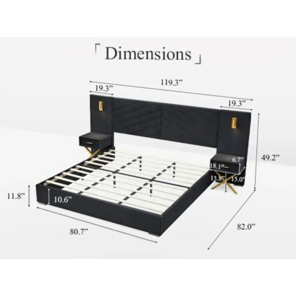 Luxury Bed Frame with Built-in Gold LED Lights and Nightstands,Platform Bed with Oversize Upholstered Headboard for bedrooms - Image 2