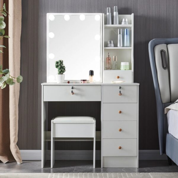 Makeup Vanity Table with Drawers, Vanity Desk Set with Shelves, Dresser Desk and Cushioned Stool Set White for Women