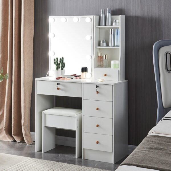 Makeup Vanity Table with Drawers, Vanity Desk Set with Shelves, Dresser Desk and Cushioned Stool Set White for Women - Image 2