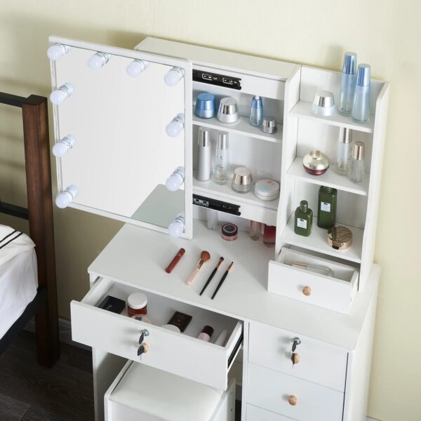 Makeup Vanity Table with Drawers, Vanity Desk Set with Shelves, Dresser Desk and Cushioned Stool Set White for Women - Image 4