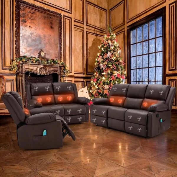 3 Pieces Recliner Sofa Set,Overstuffed Recliner Sofa with Massage&Heat Function,Modern Manual Control Faux Leather Couch Set