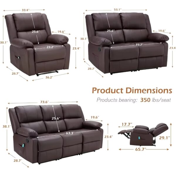 3 Pieces Recliner Sofa Set,Overstuffed Recliner Sofa with Massage&Heat Function,Modern Manual Control Faux Leather Couch Set - Image 2