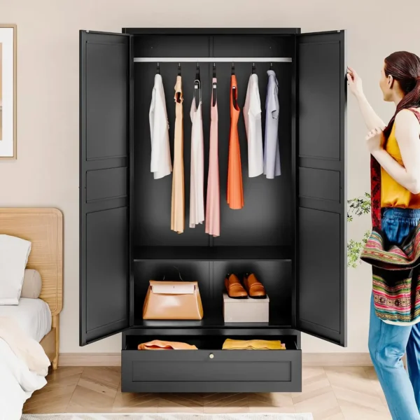 Metal Armoire Wardrobe Closet with 2 Doors 72'' Wardrobe Cabinet with Drawers and Hanging Rail Metal Closet with Adjustable Shel - Image 2