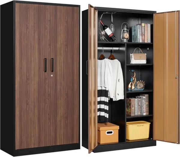 Metal Storage Cabinets,72'' Employee Lockers Steel Wardrobe with Lock Door for Office,Home,School,Gym,Fire Department,Hotel(Wood)