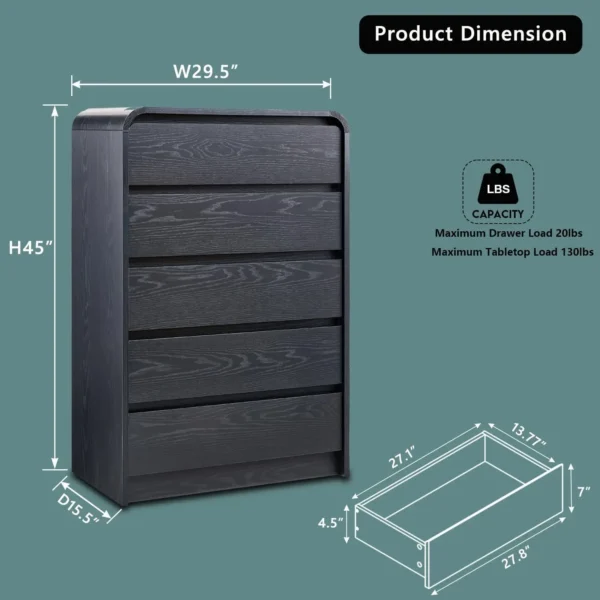 Modern 5 Drawers Dresser, 45" Tall Dressers & Chests of Drawers w/Curved Profile Design, Wood Mid Century Vertical Dresser. - Image 2