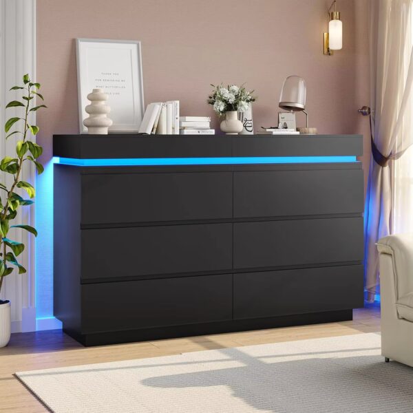 Modern 6 Drawer Dresser with Sliding Desktop, Wide Chest of Drawers with Charging Station & LED Lights, Large Storage Tower Clot